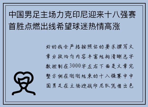 中国男足主场力克印尼迎来十八强赛首胜点燃出线希望球迷热情高涨