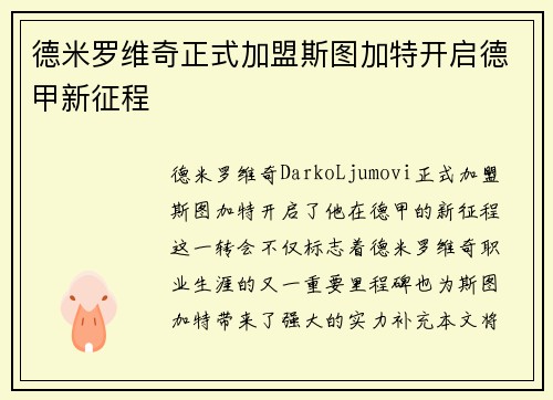 德米罗维奇正式加盟斯图加特开启德甲新征程